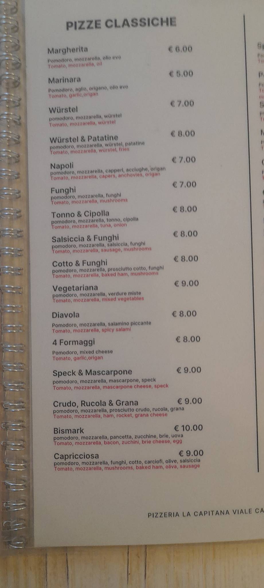 Menu di Pizzeria la capitana. 