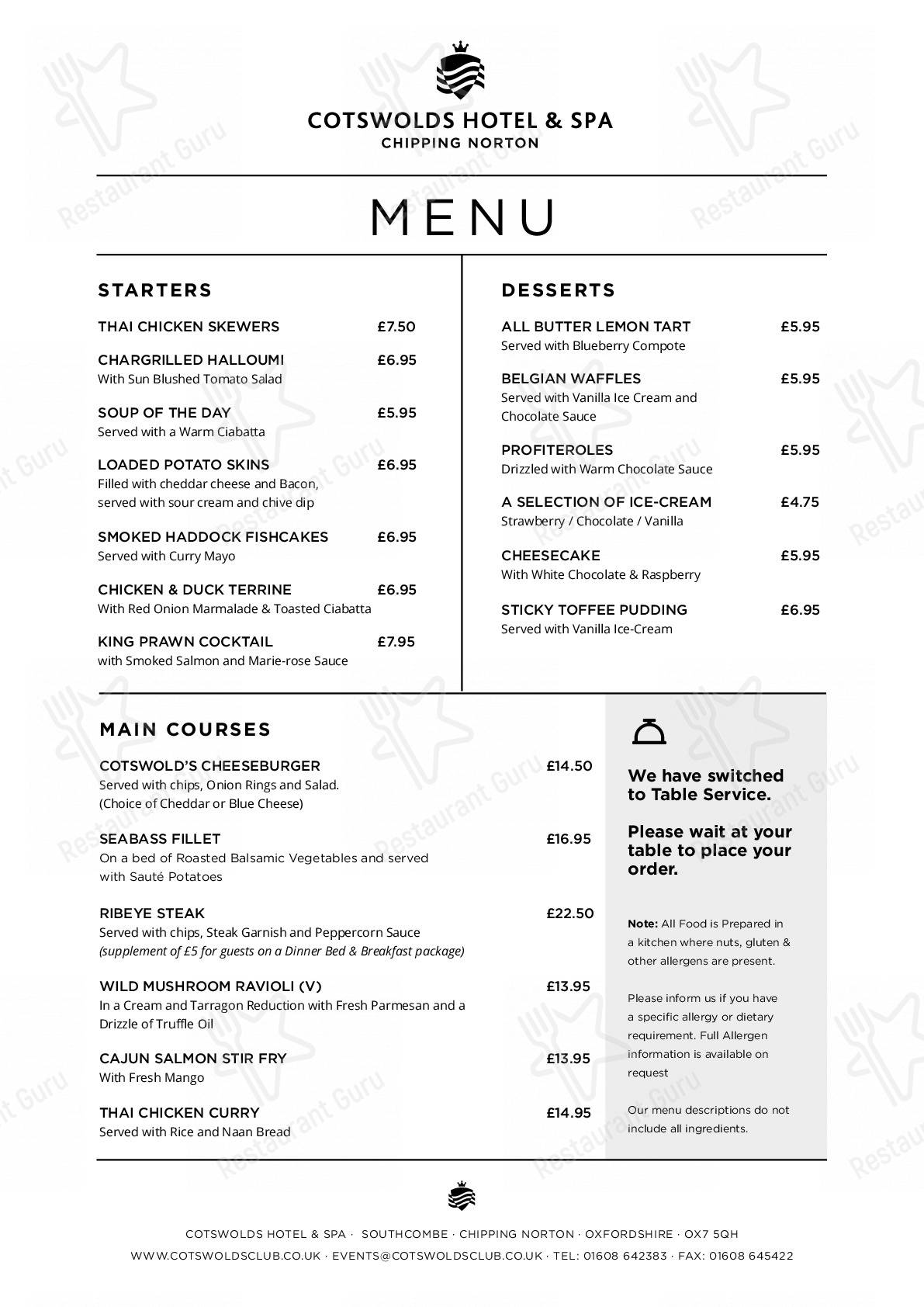 Menu at Cotswolds Hotel, Golf & Spa restaurant, Chipping Norton