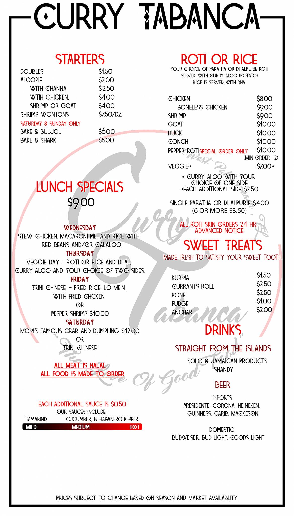 Menu at Curry Tabanca restaurant, Greenacres