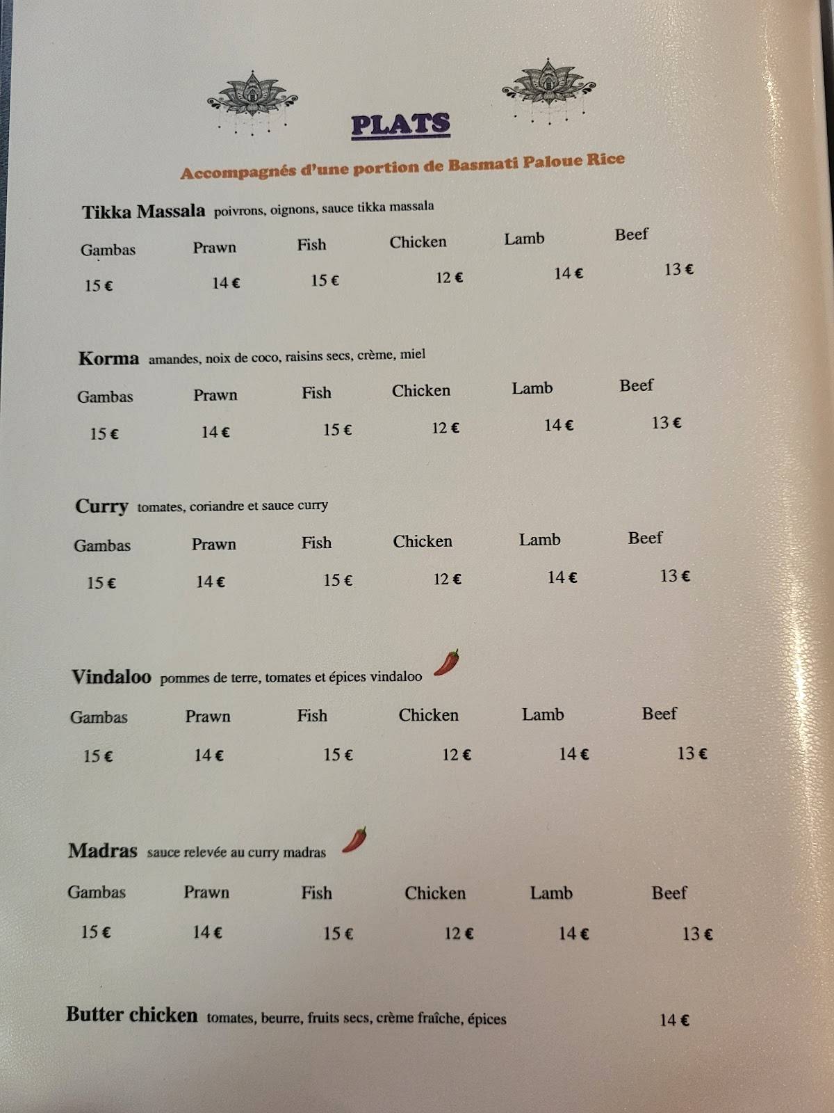 Menu de DIVALI restaurant indien traditionnel
