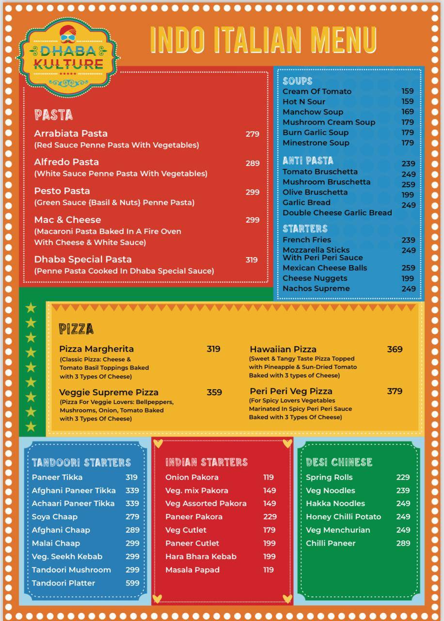 Dhaba Kulture Family Restaurant Banquet Halls Vegetarian Restaurant menu