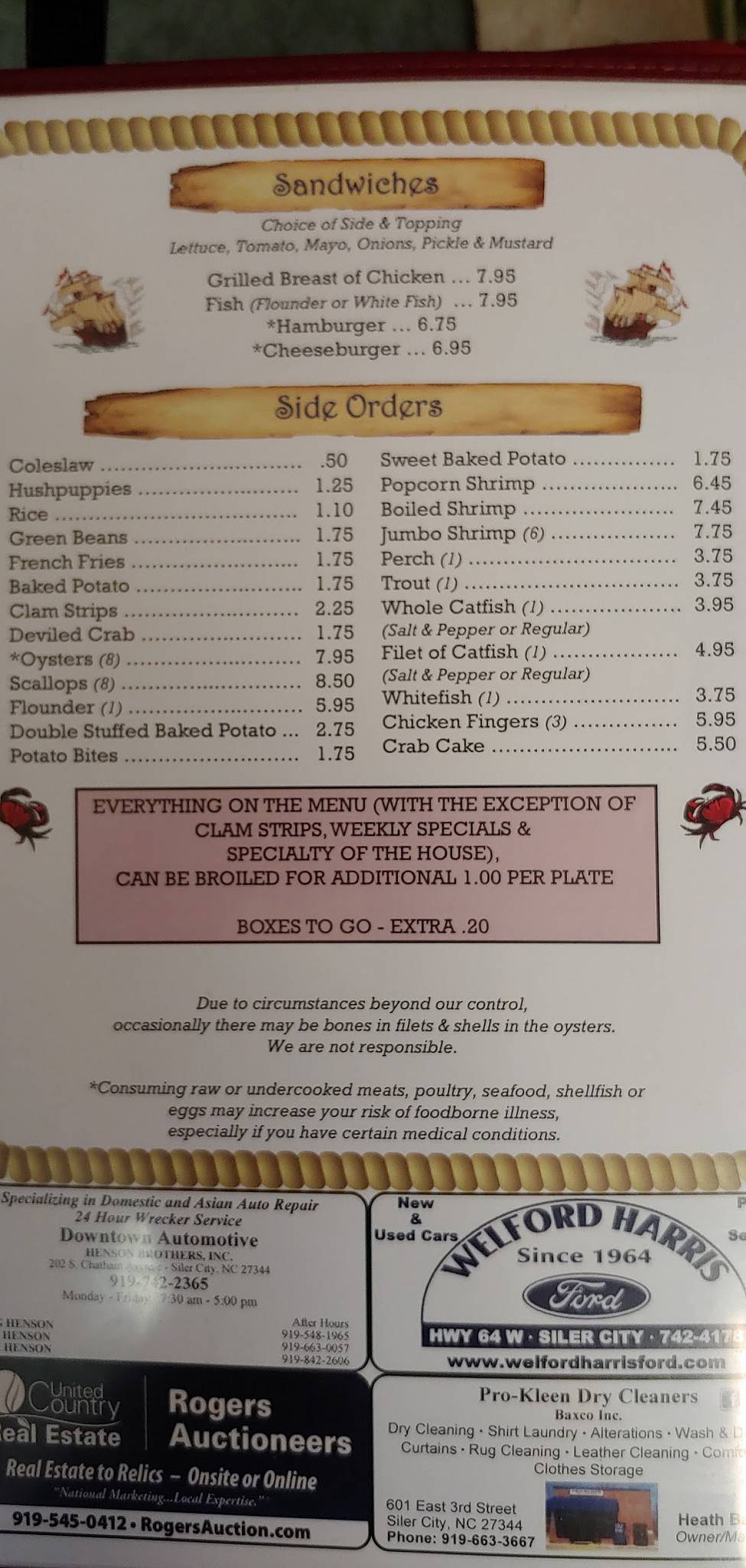 Menu at Dry Dock Seafood Restaurant, Siler City
