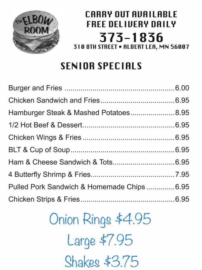 Menu at Elbow Room restaurant, Albert Lea