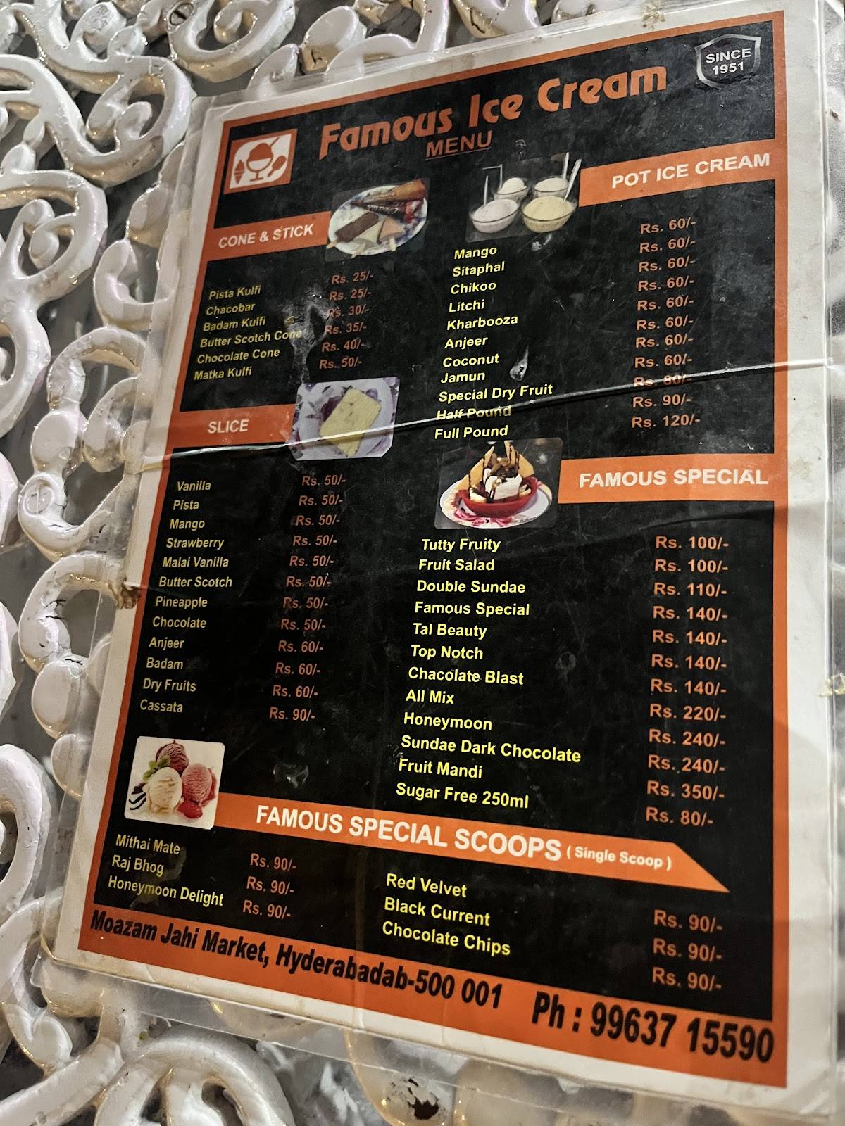 Famous ice cream menu