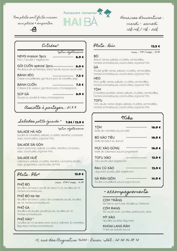 Menu de Hai Bà