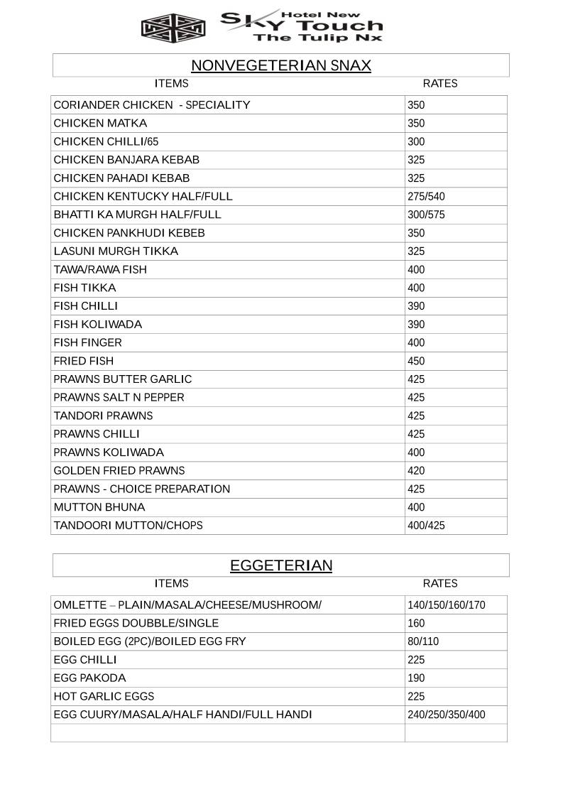 Hotel New Sky Touch Roof Top Family Restaurant Bar & Banquets menu