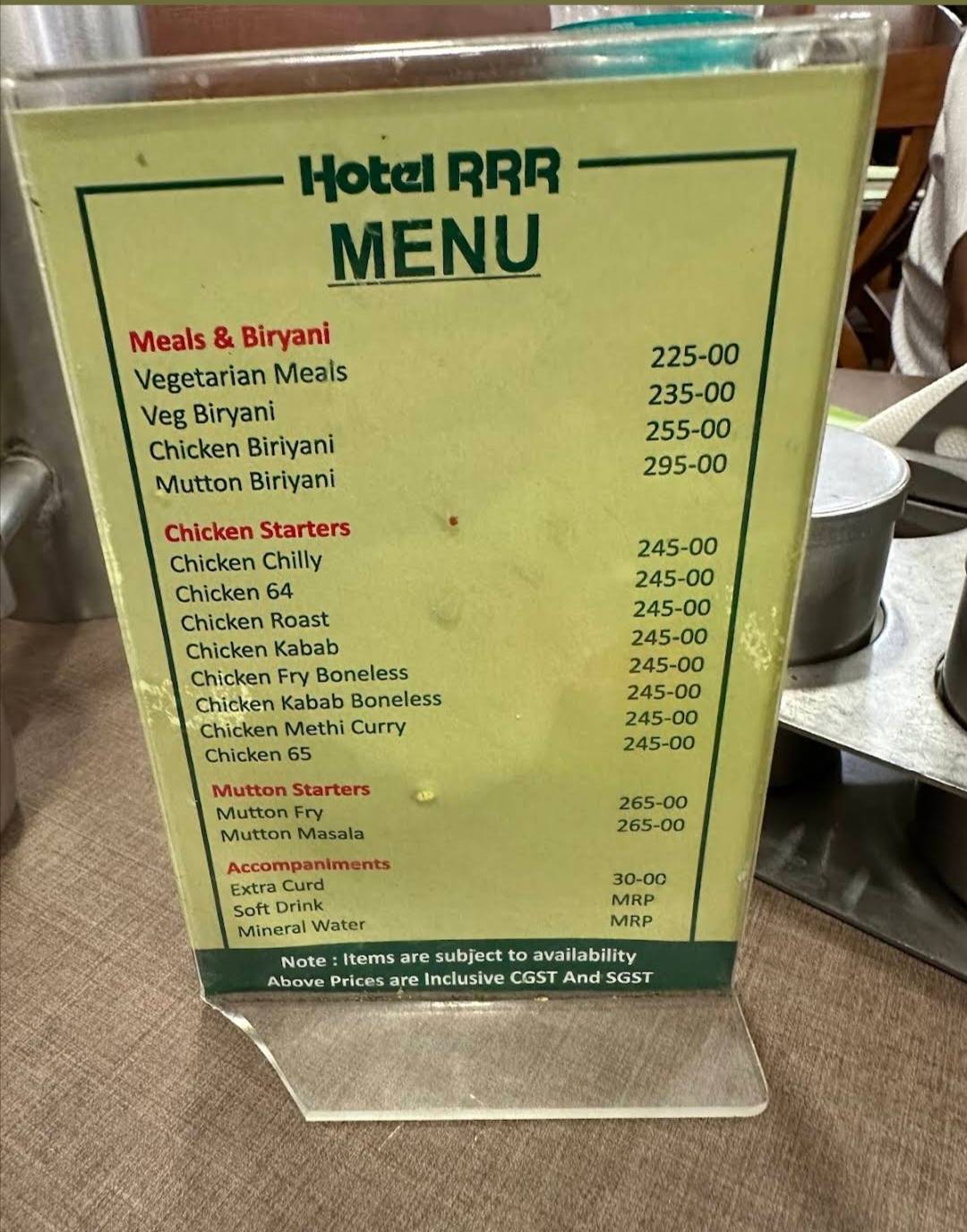 Hotel RRR Mysore menu