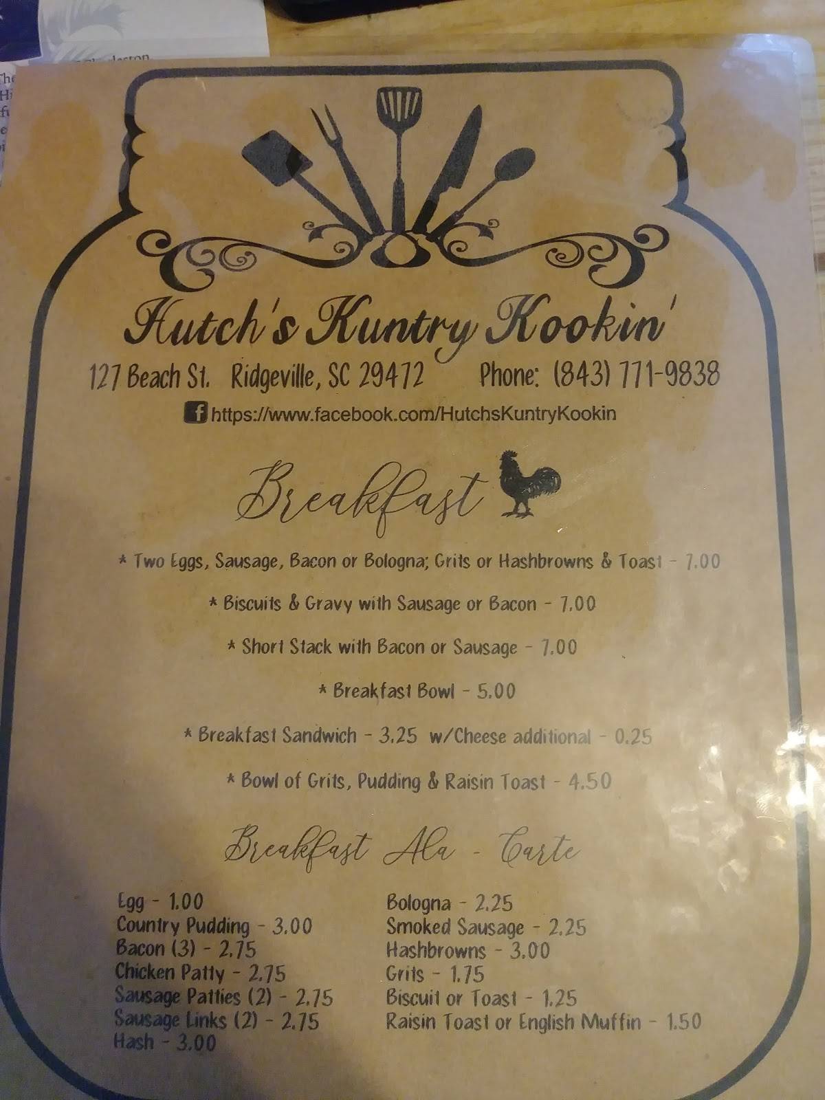 Menu At Hutchs Kuntry Kookin Restaurant Ridgeville