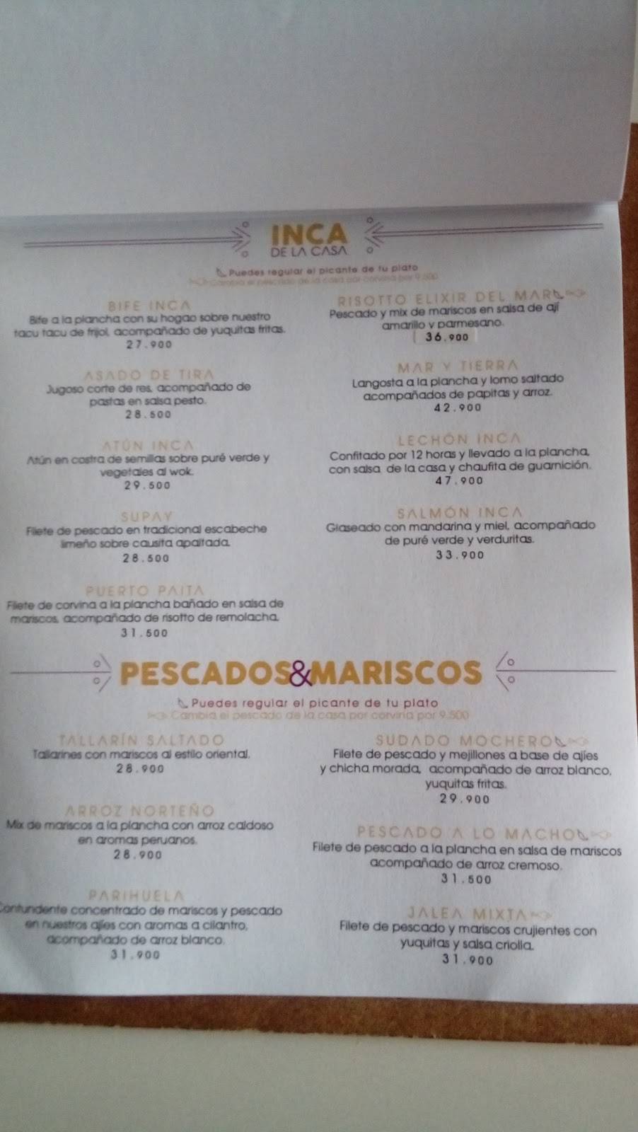 Carta de Inca Restaurante, Villavicencio
