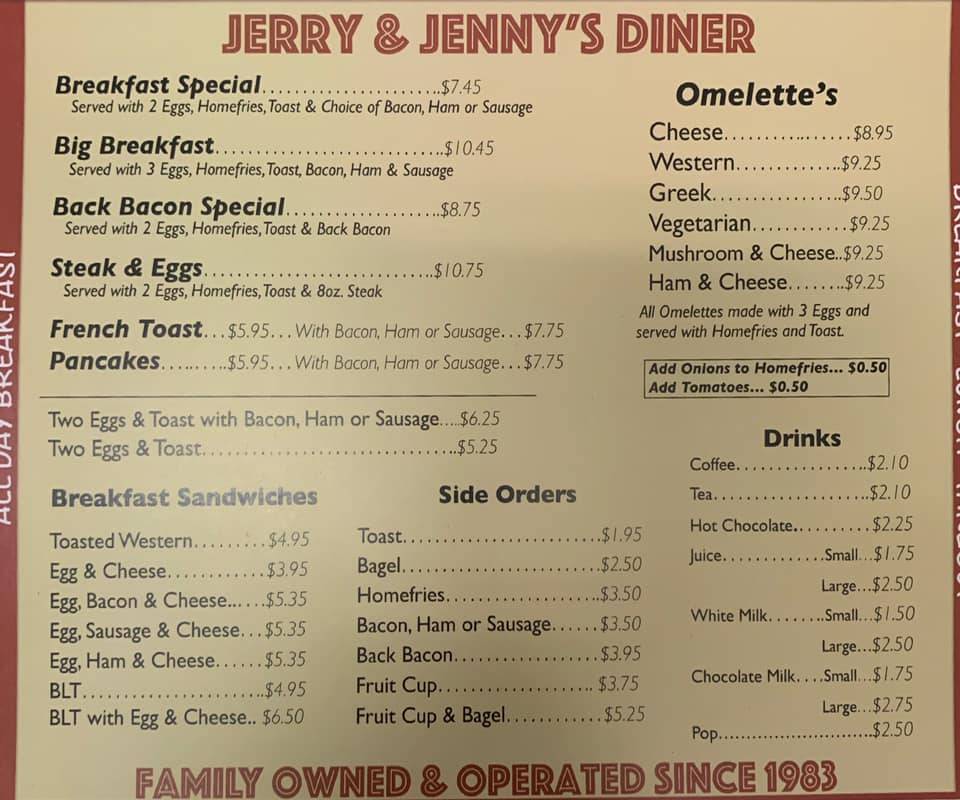 Menu at Jerry & Jenny's Diner restaurant, Windsor