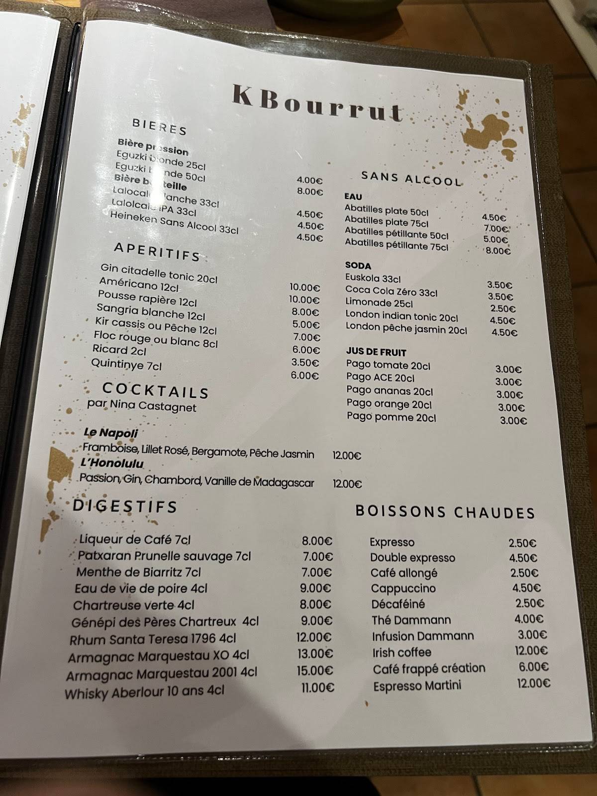 Menu de Restaurant Capbourrut Ustaritz