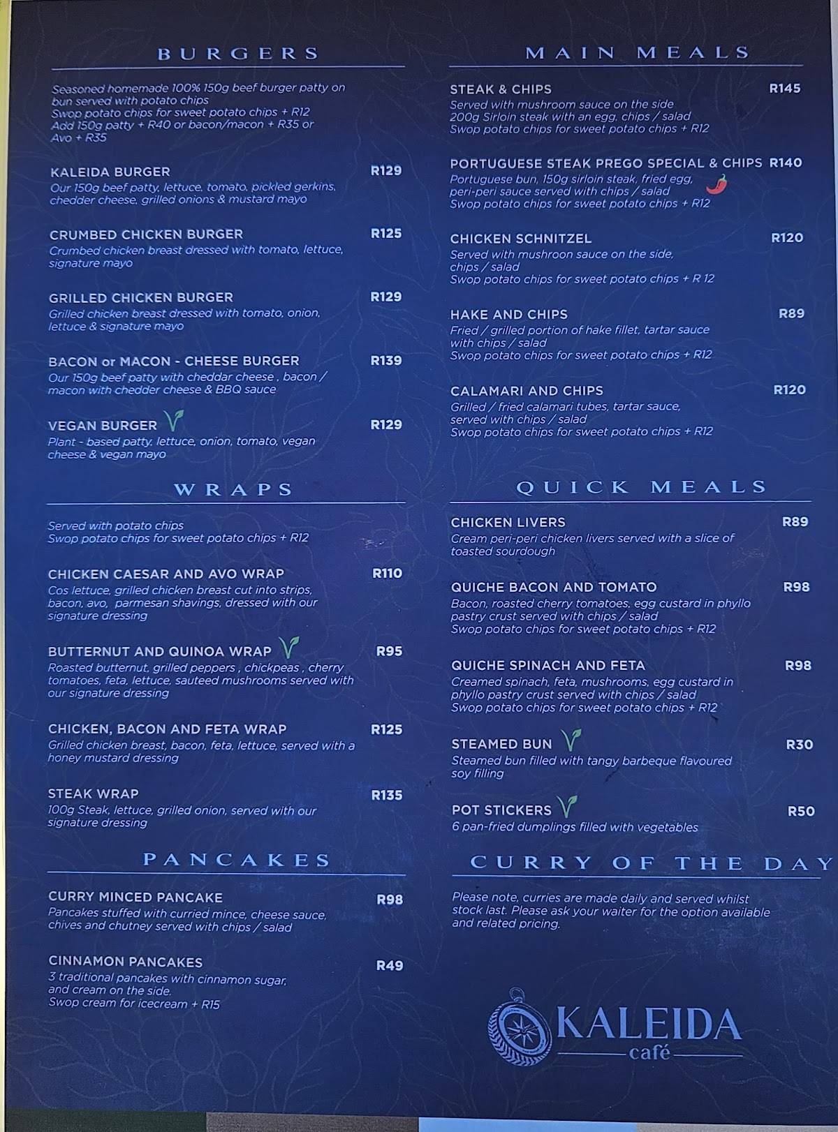 Menu at Kaleida Cafe, Cape Town