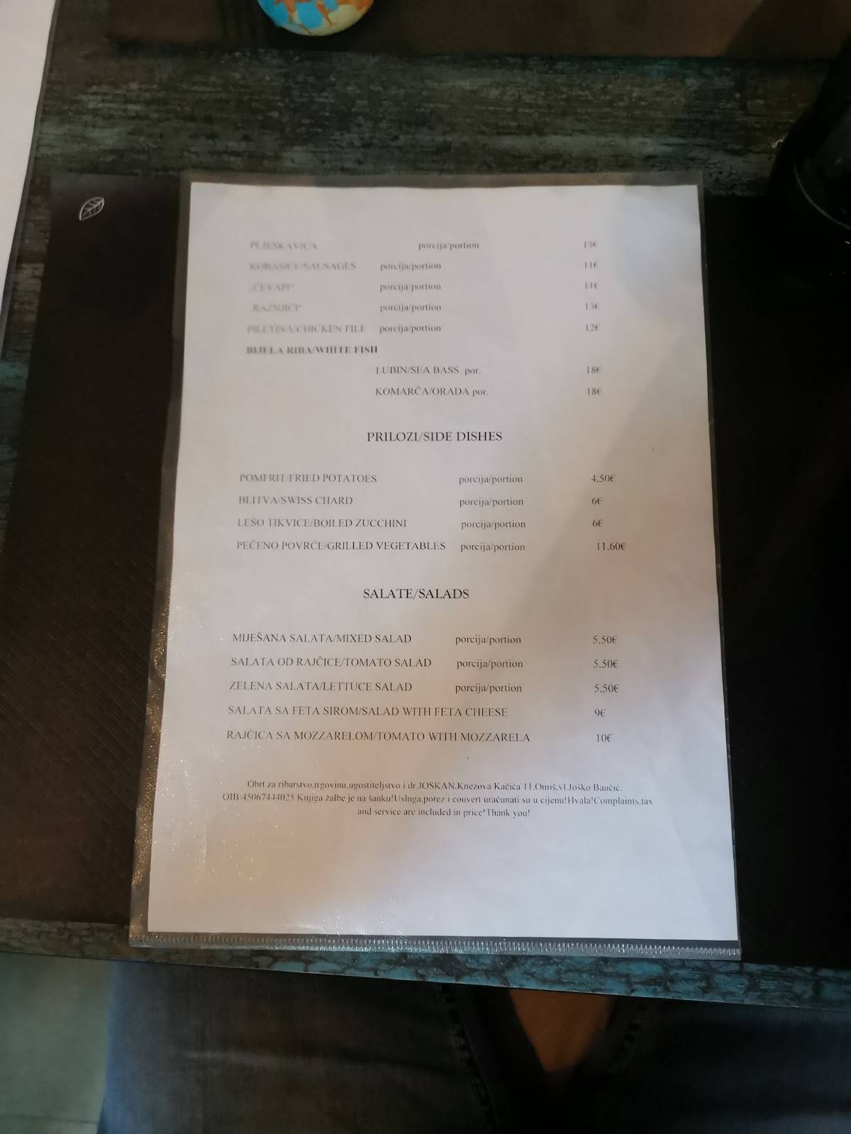 Menu di Konoba Joskan 