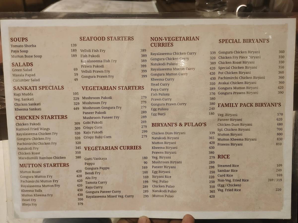 Kritunga Restaurant menu