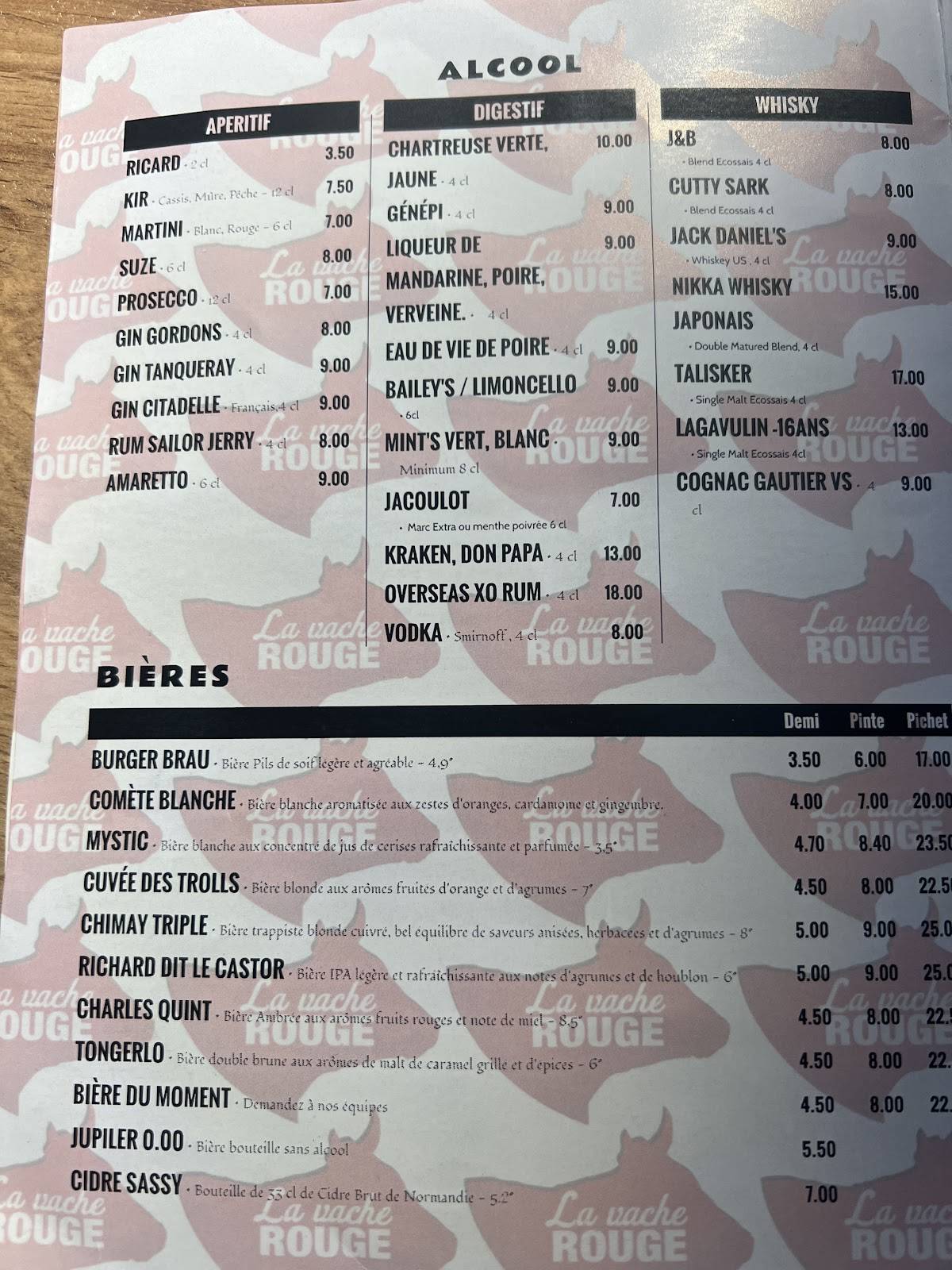 Menu de LA VACHE ROUGE