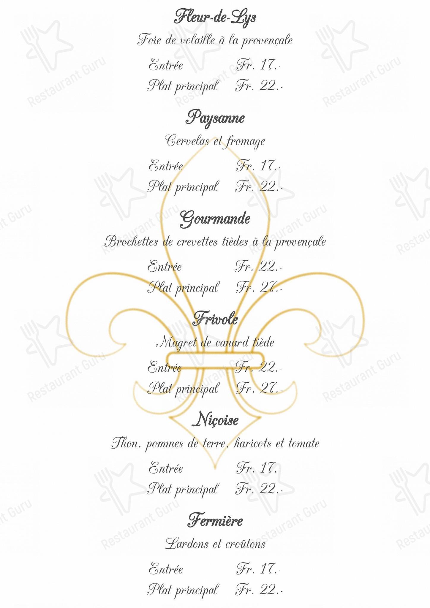 Menu au Auberge FleurdeLys SA, Prilly