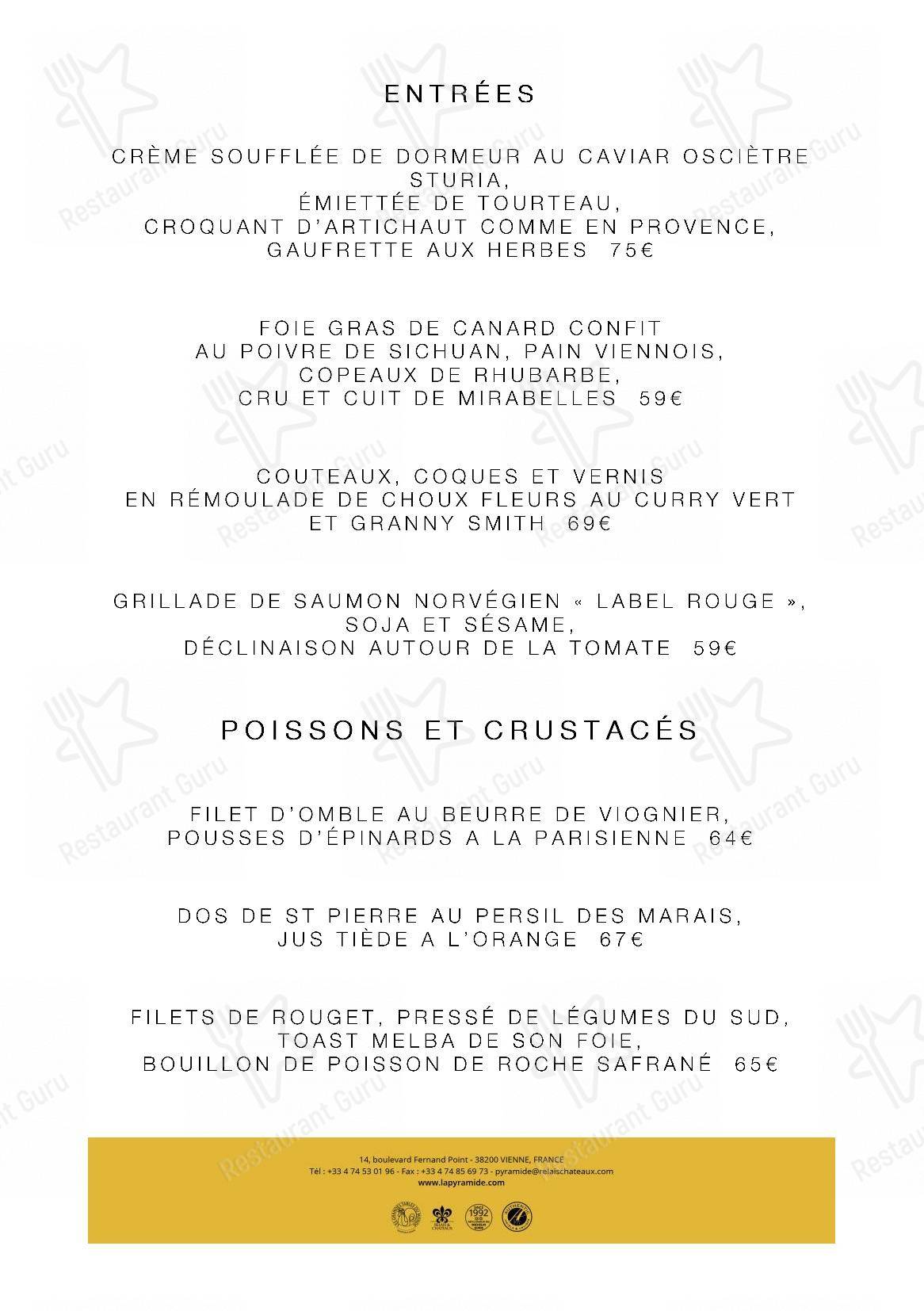 Food and Drinks menu pour La Pyramide - Hôtel Restaurant (Isère) dans Vienne