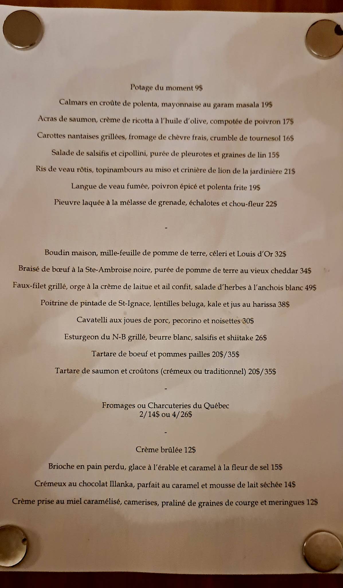 Menu de La Réserve Bistro