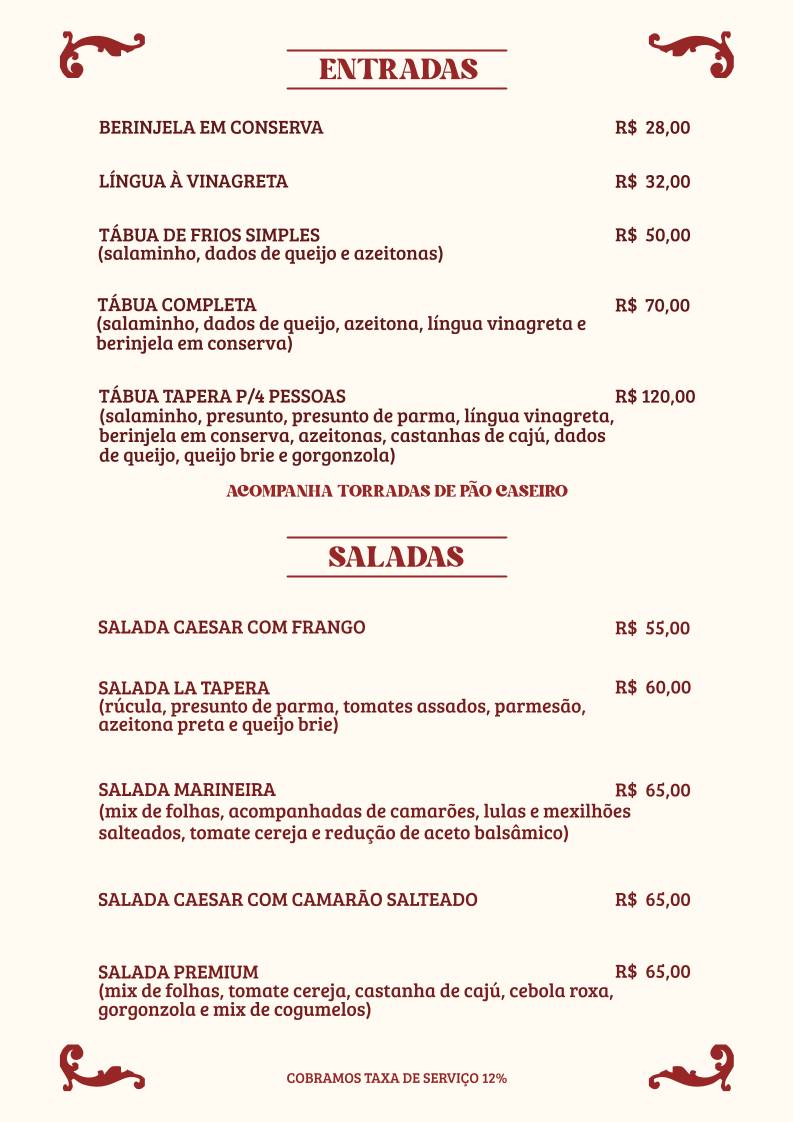 La Tapera Pizzas e Massas cardápio