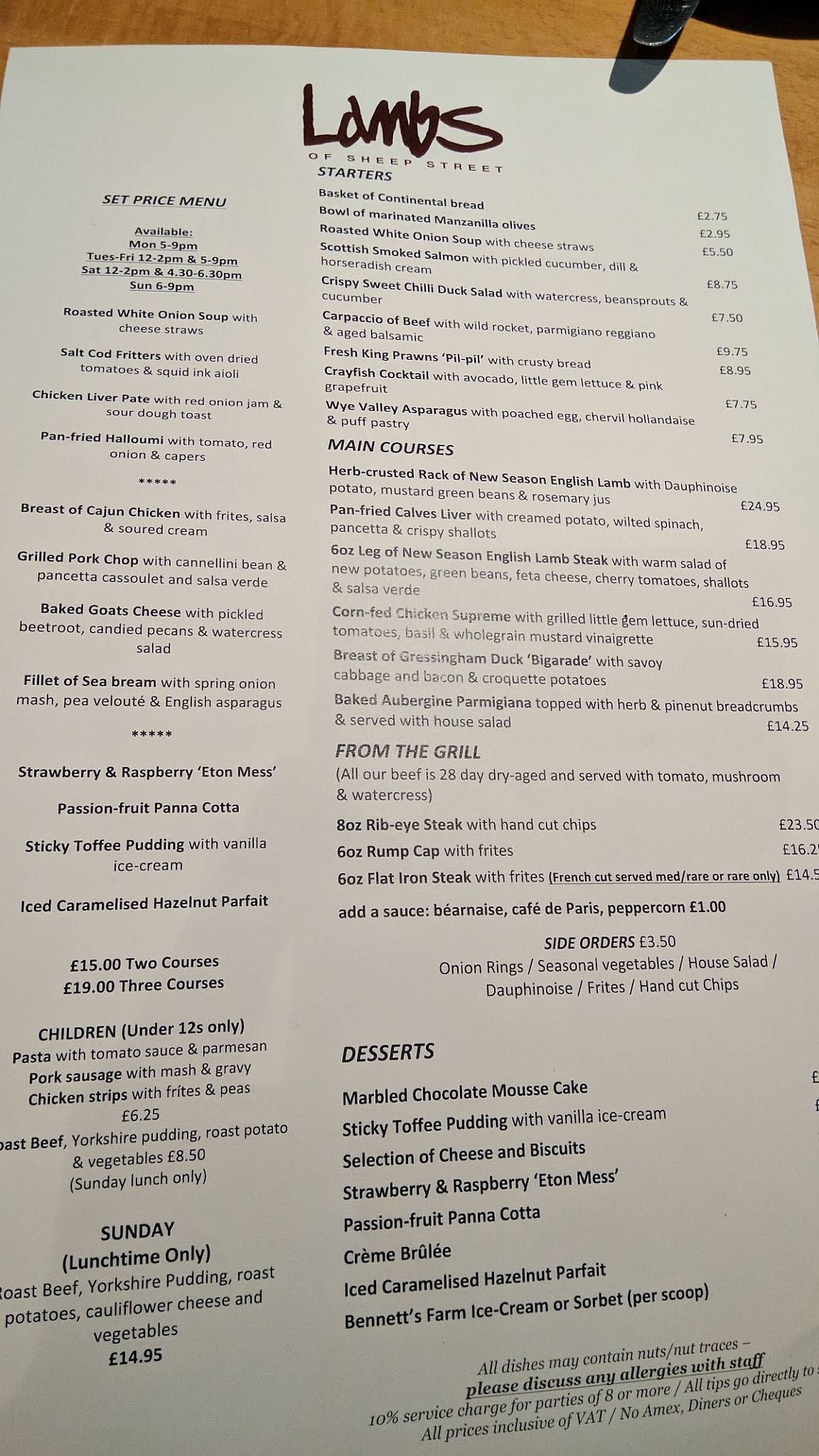 Menu at Lambs restaurant, Stratford-upon-Avon