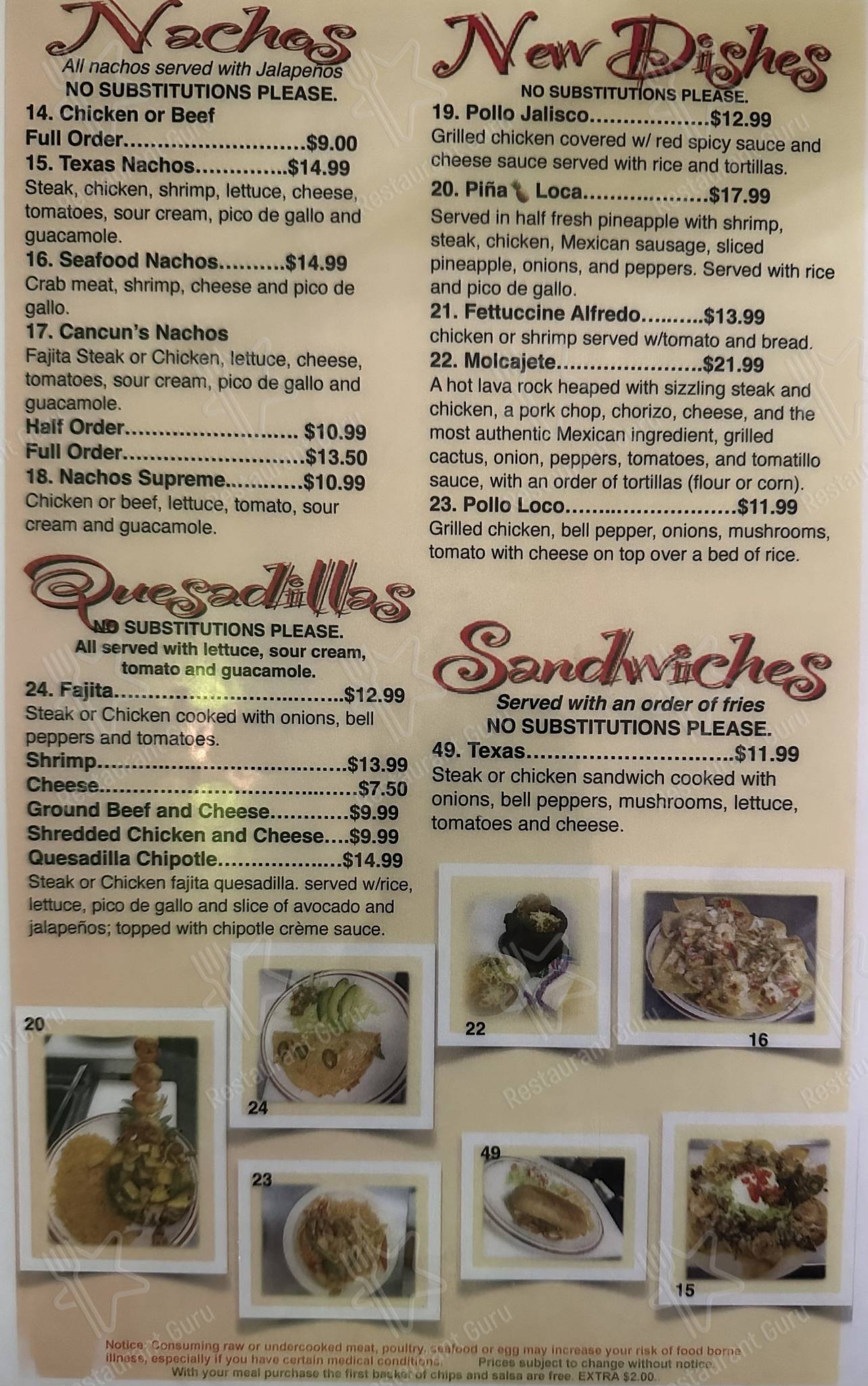 Menu at Las Galeras Mexican Restaurant,