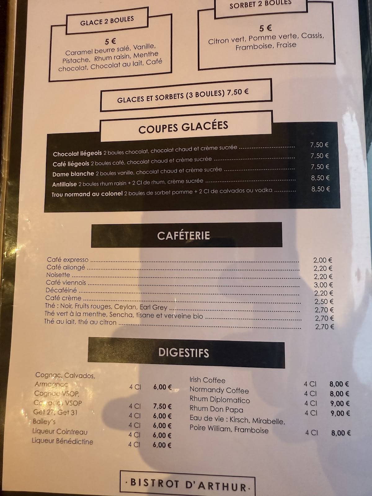 Menu de Le Bistrot d'Arthur