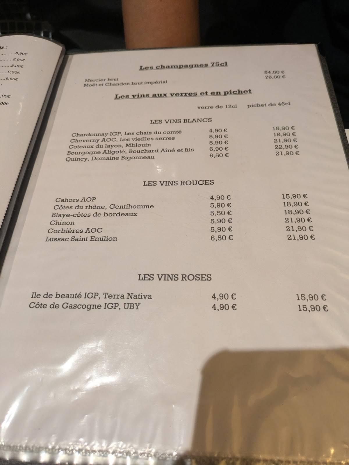 Menu de Le Café des Bains