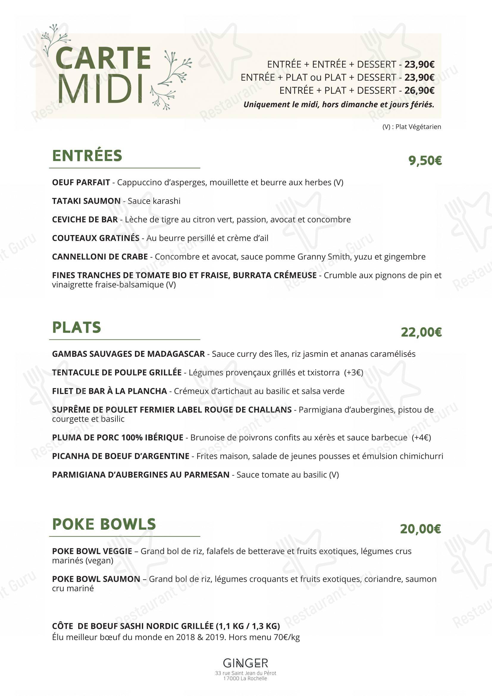 Restaurant - Le Ginger dans La Rochelle - Menu