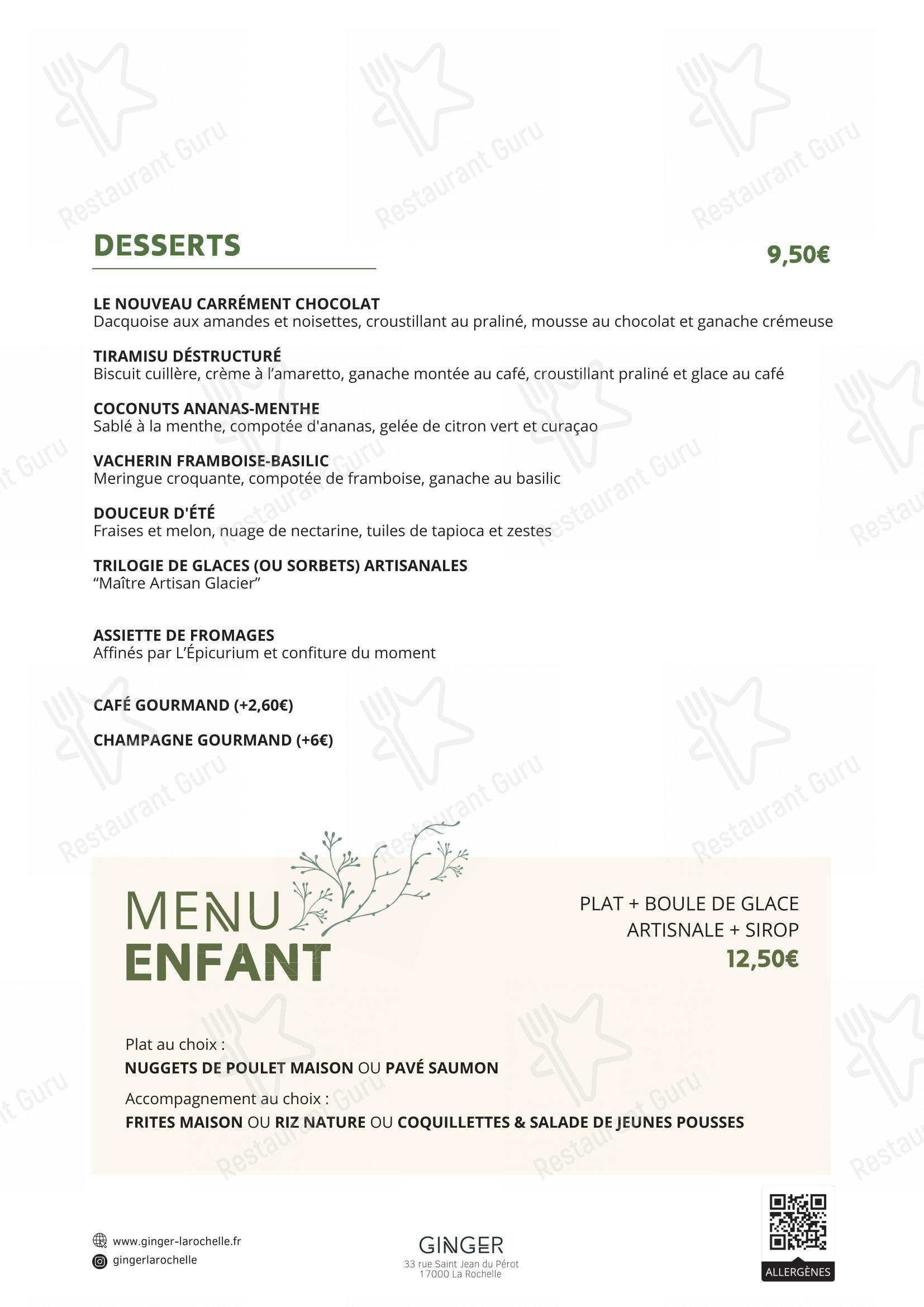 Menu pour Restaurant - Le Ginger dans La Rochelle