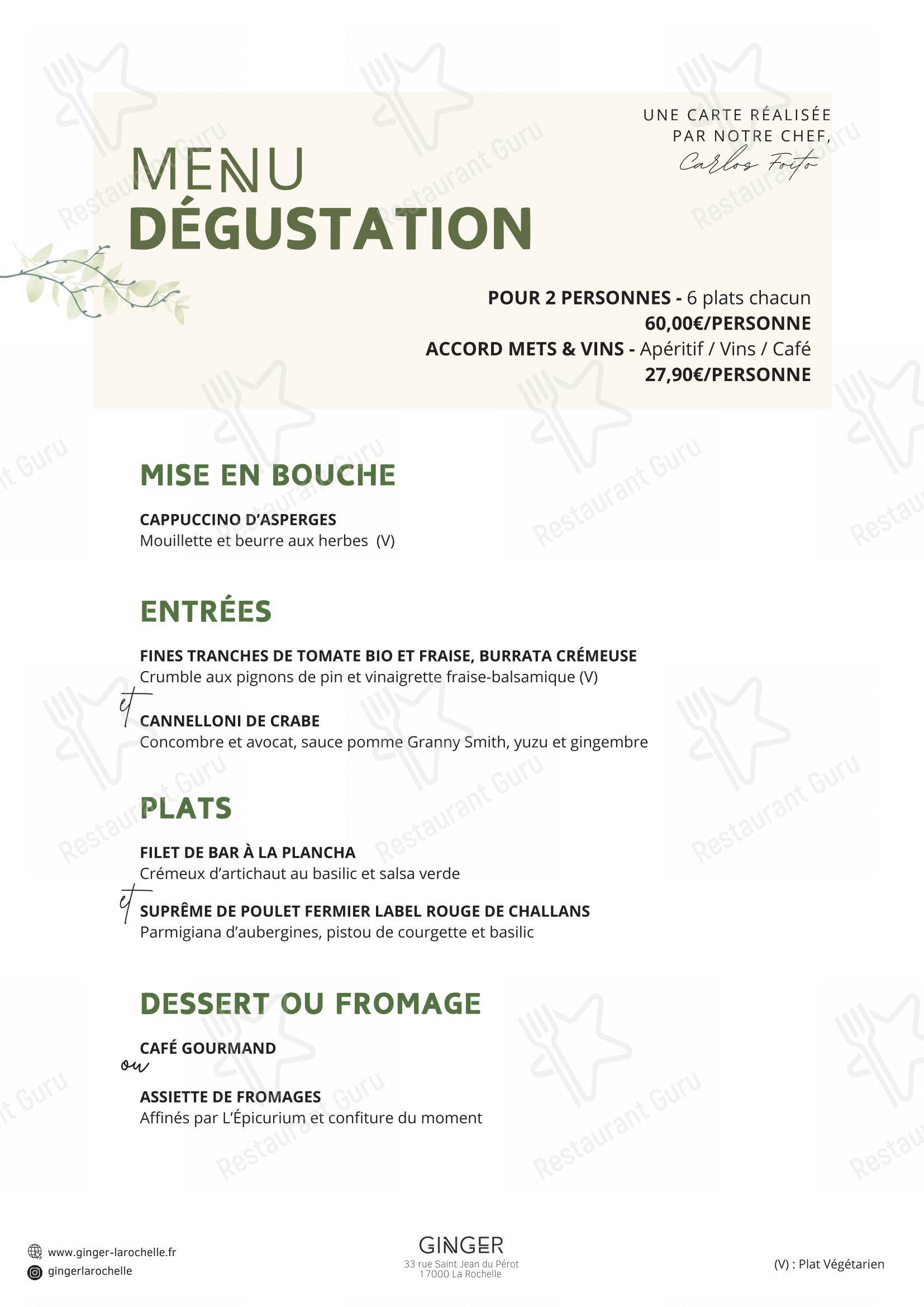 Menu pour Restaurant - Le Ginger restaurant