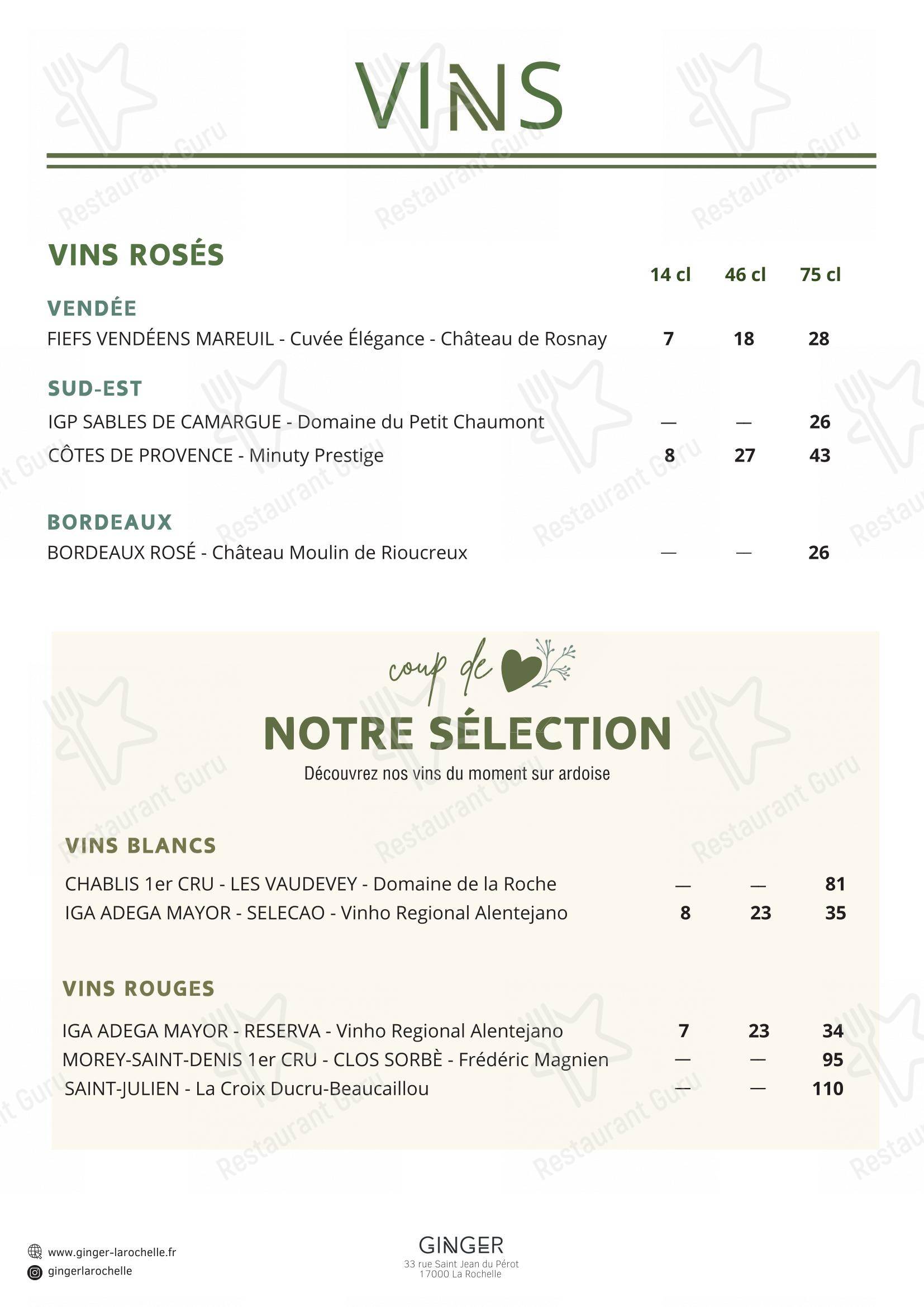 Menu pour Restaurant - Le Ginger dans La Rochelle