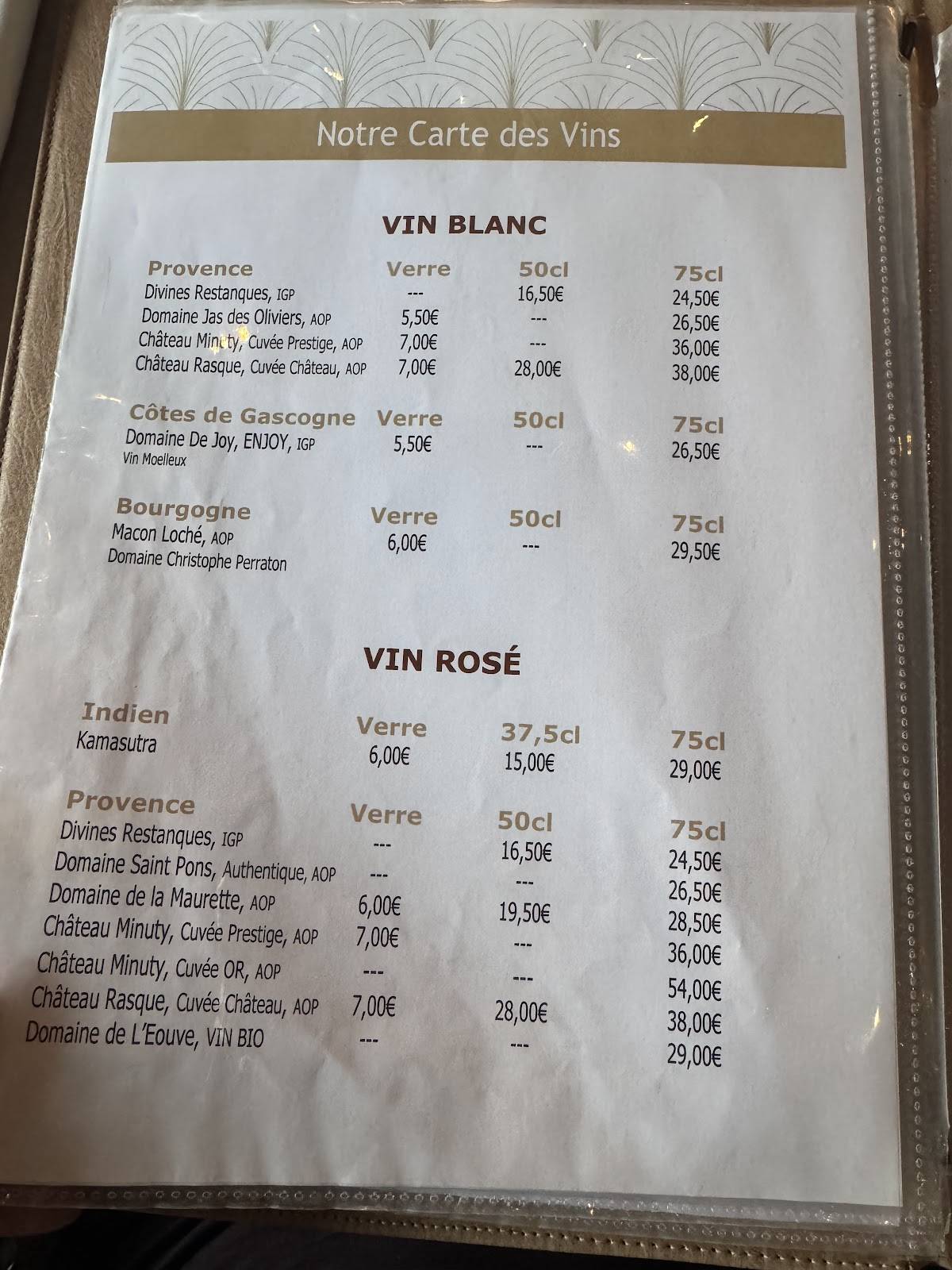 Menu de Le Kashmir