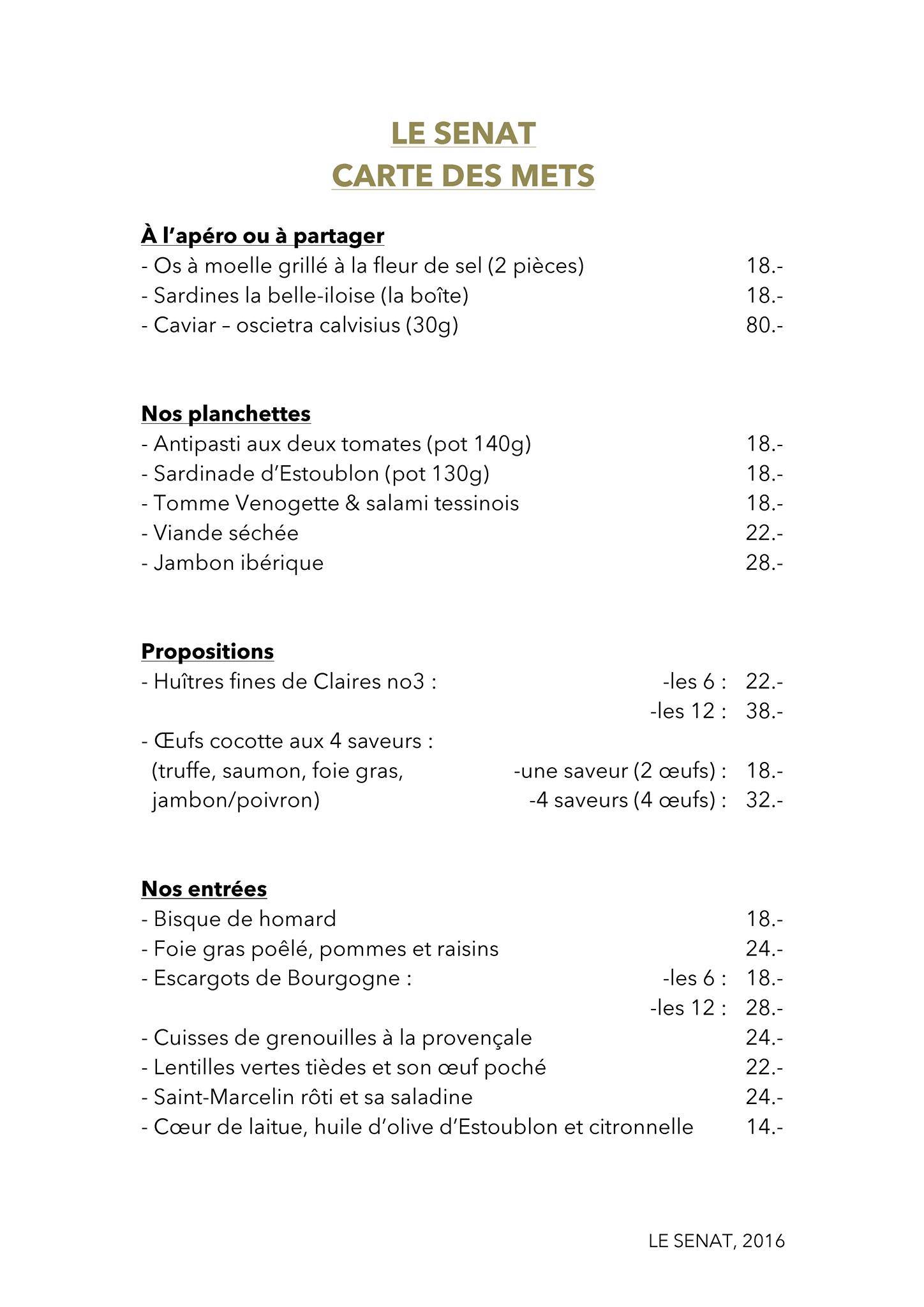 Menu de Restaurant Le Sénat 1970