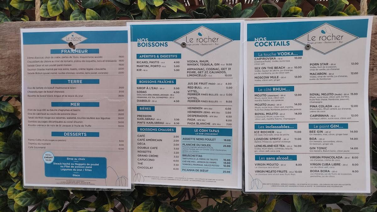 Menu au Le Rocher restaurant, SaintRaphaël, 133 Rue Jules Barbier