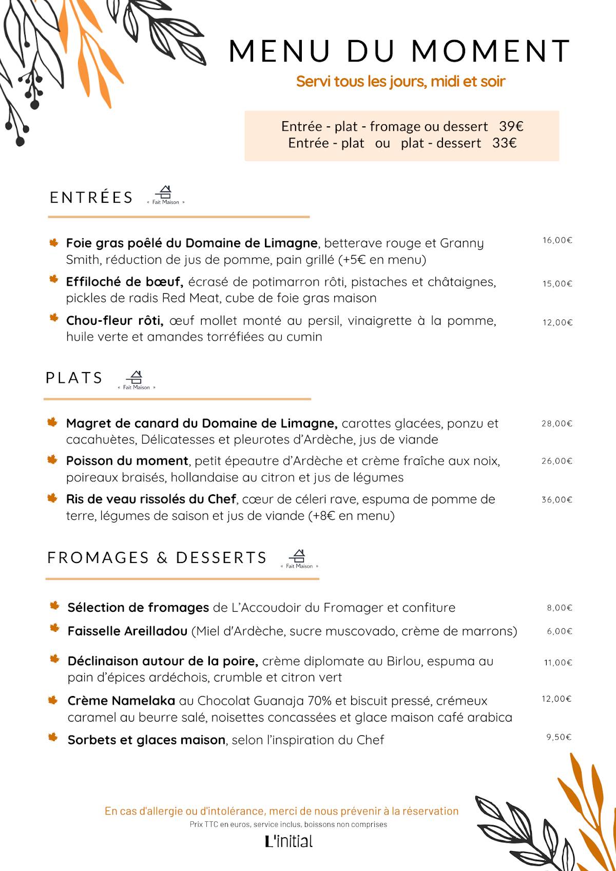 Menu de L'initial - Restaurant à Privas