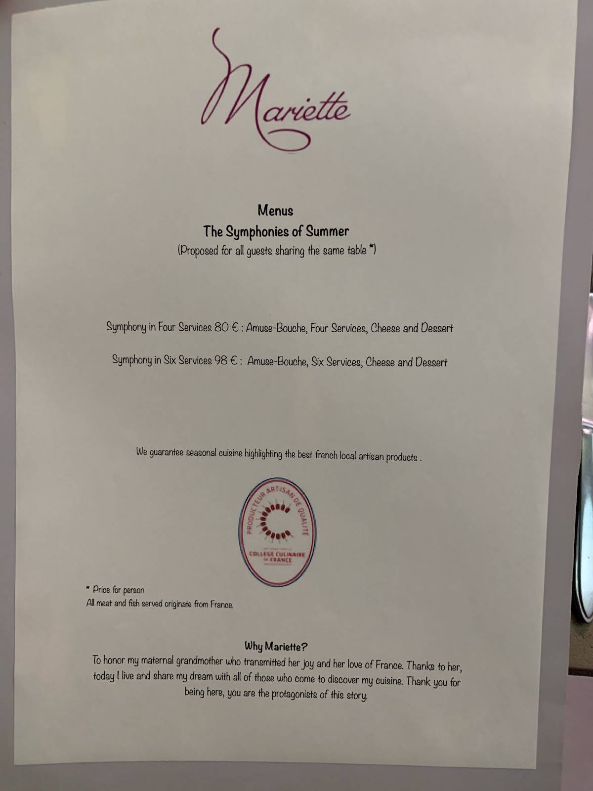 Menu de Restaurant Mariette