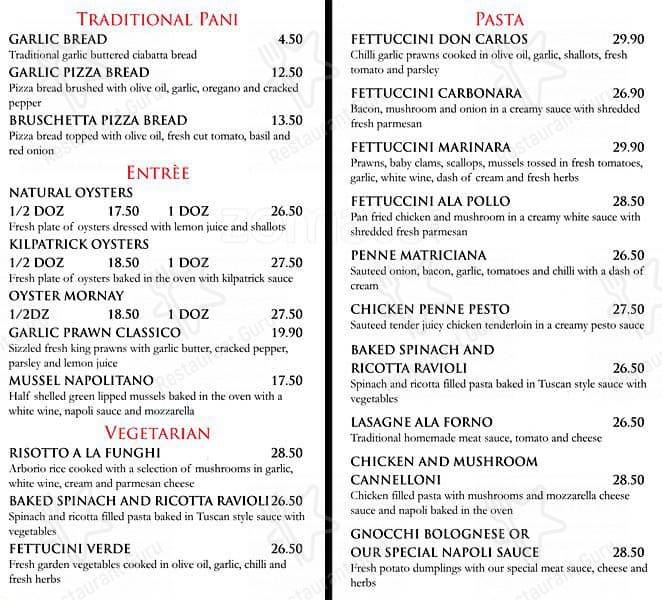 Menu at Marinara Trattoria restaurant, Paddington