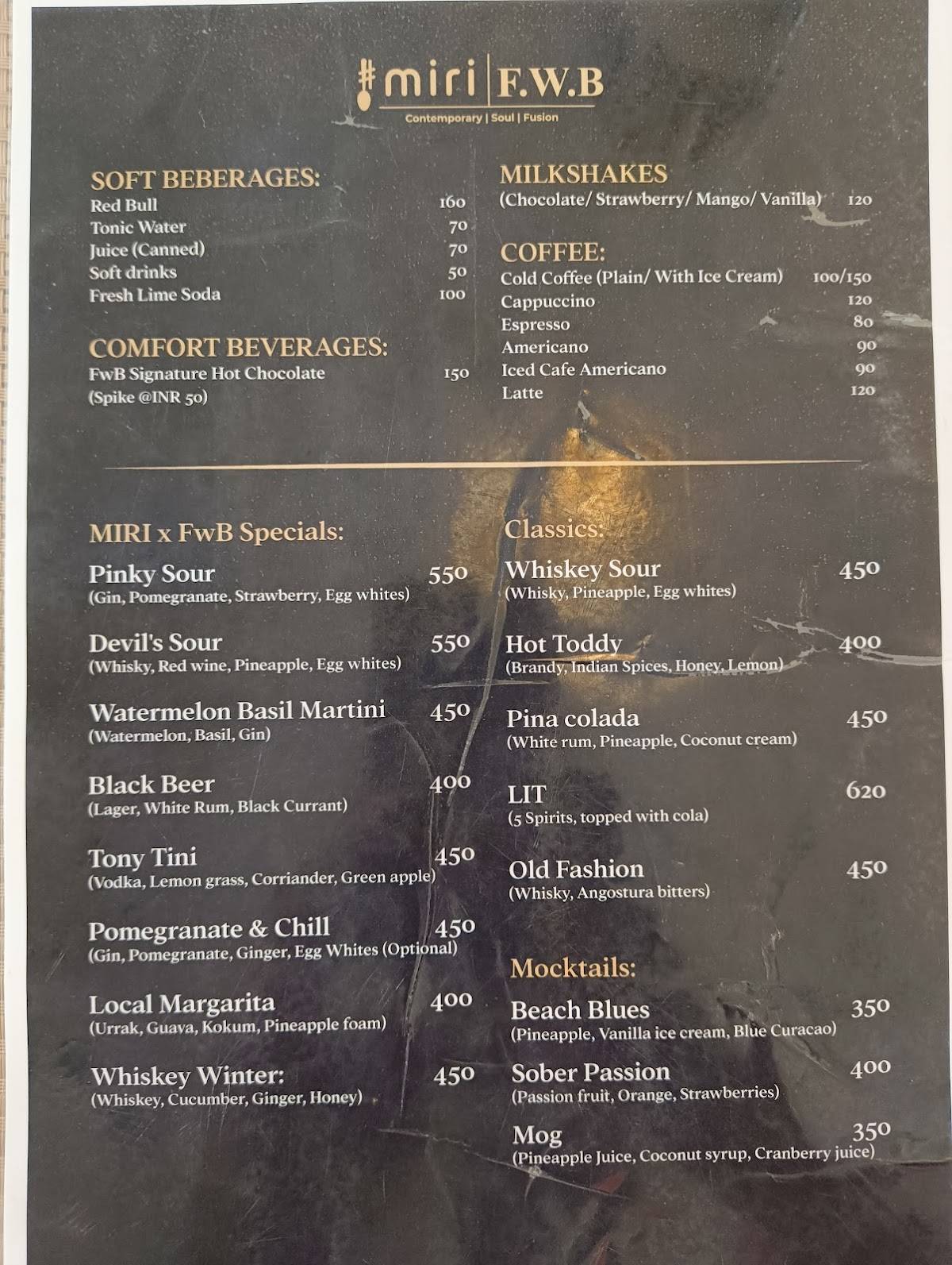 Miri Global Fusion Dining Miramar, Panjim menu