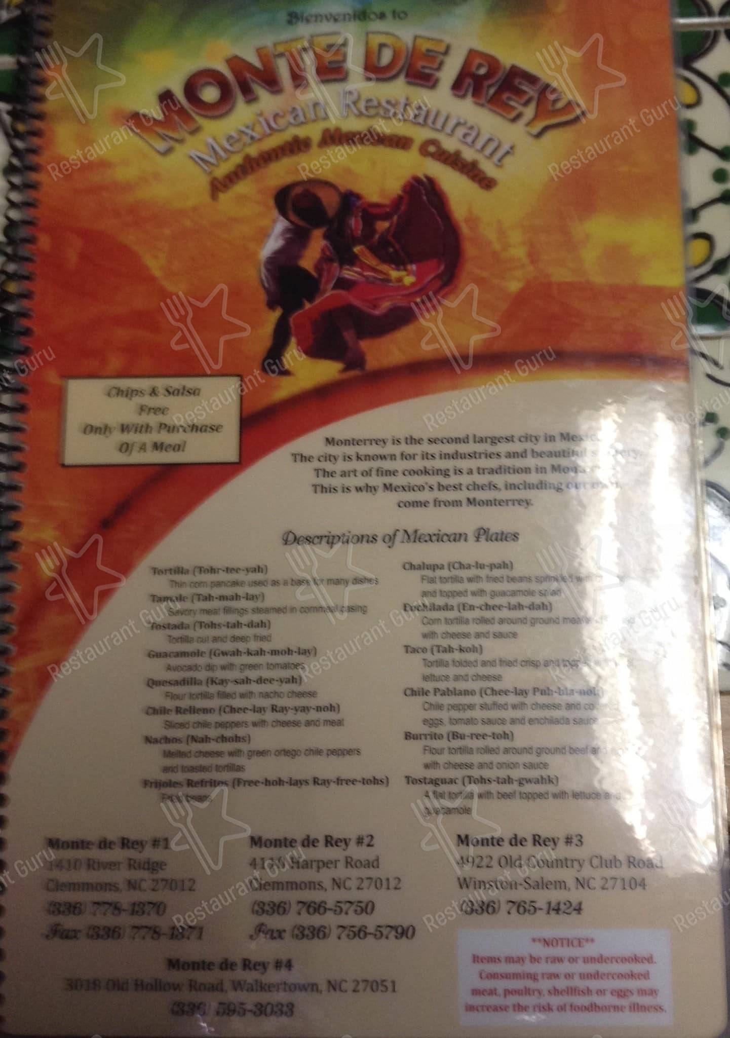 Menu at Monte De Rey Mexican Restaurant, Clemmons, Harper Rd