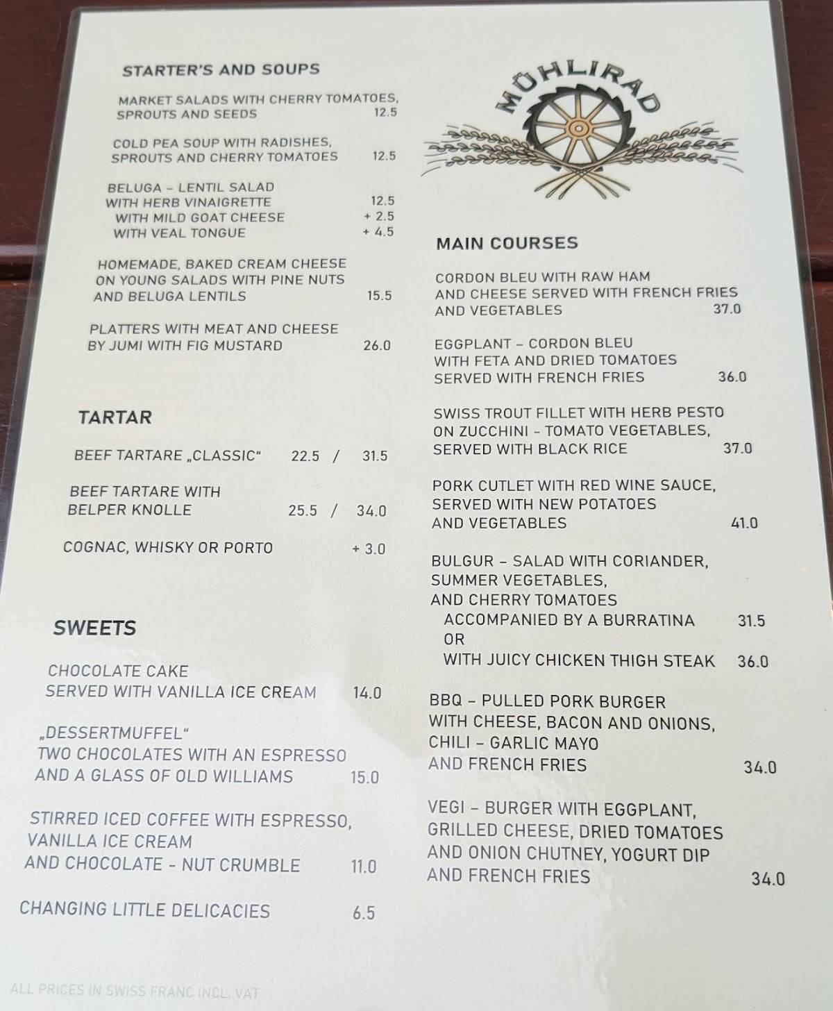 Menu di Restaurant Mühlirad 