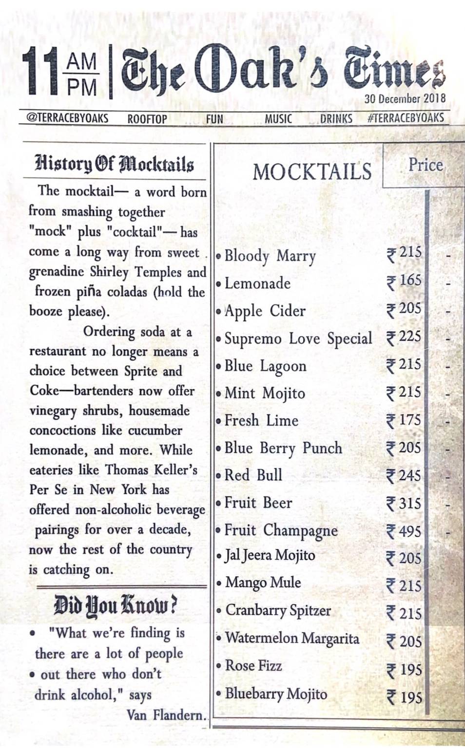OAKSLAND menu