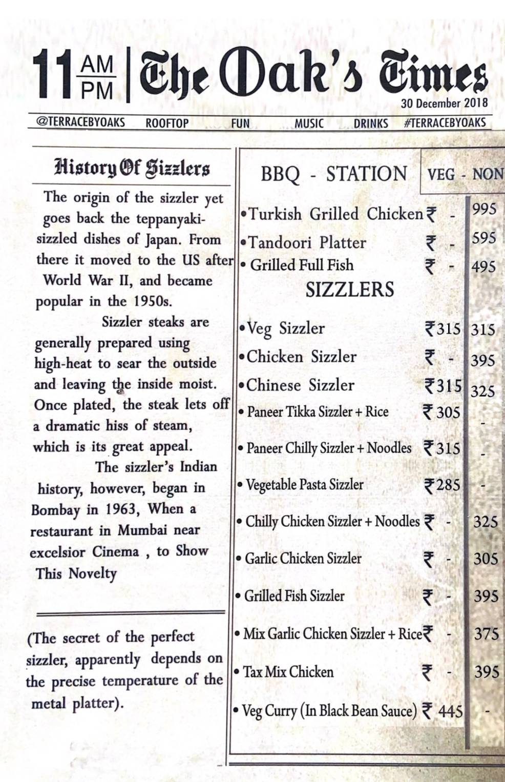 OAKSLAND menu