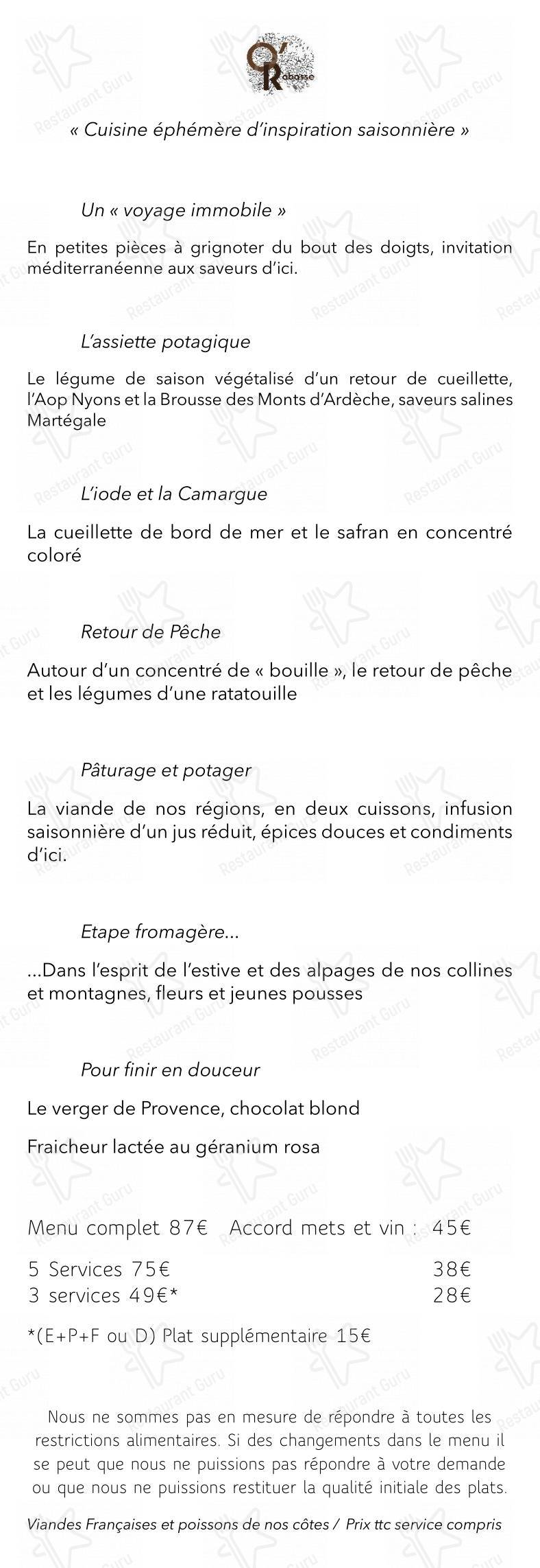 Menu pour Restaurant O'Rabasse dans Richerenches