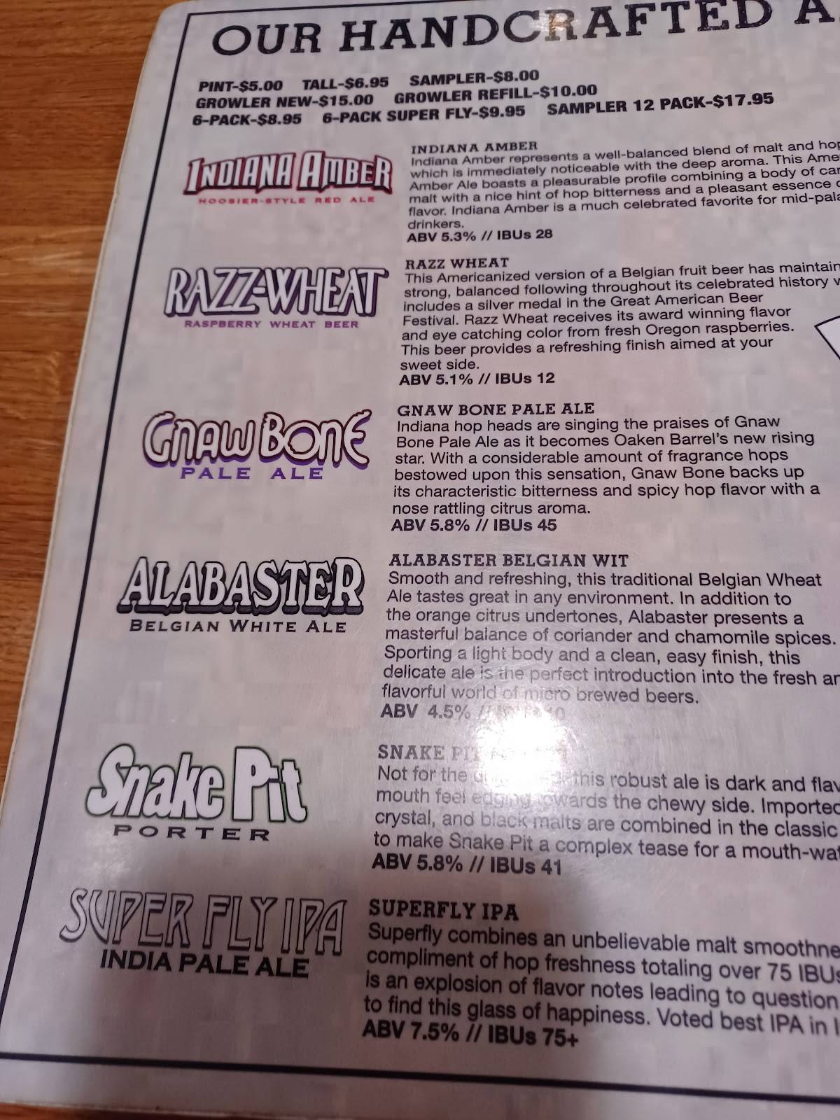 Menu at Oaken Barrel Brewing Company, Greenwood