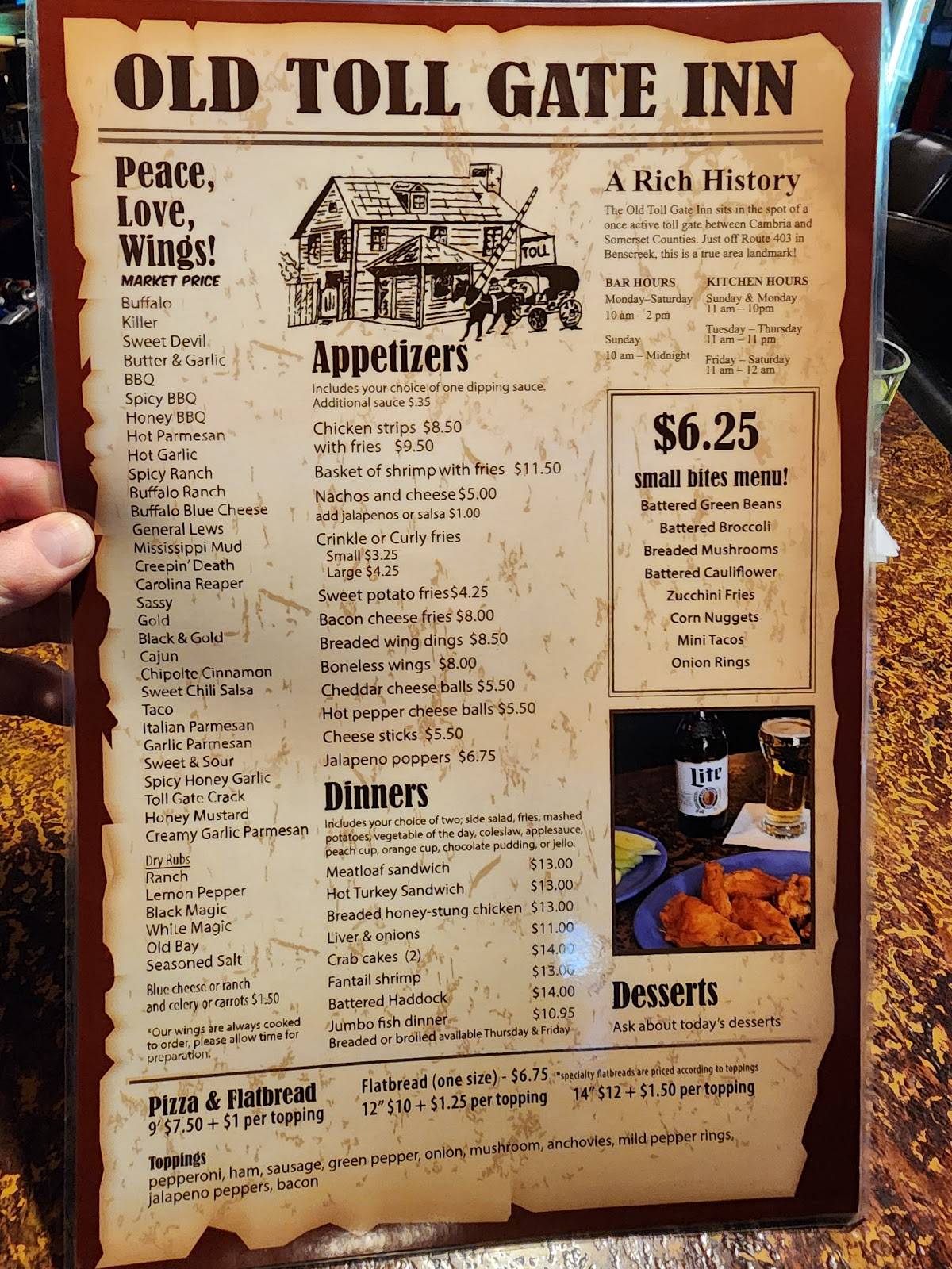 Menu at Old Toll Gate Inn restaurant, Johnstown
