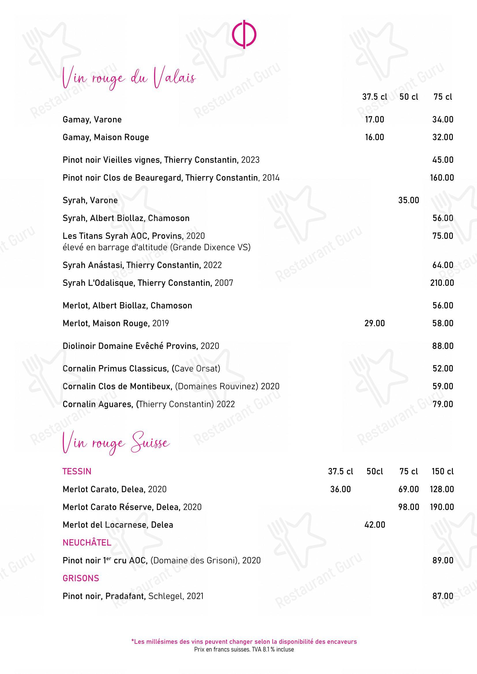 Menu di Restaurant Opéra Sion - Коктейльная карта