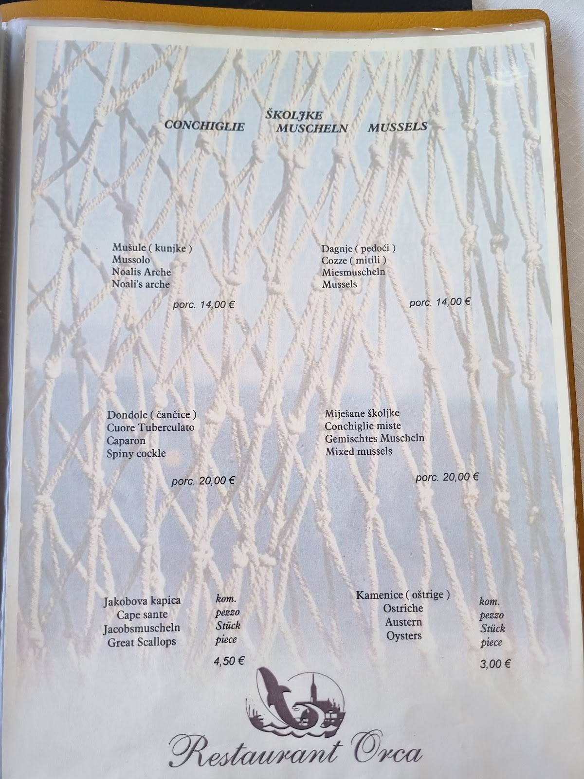 Menu di Restaurant Orca 