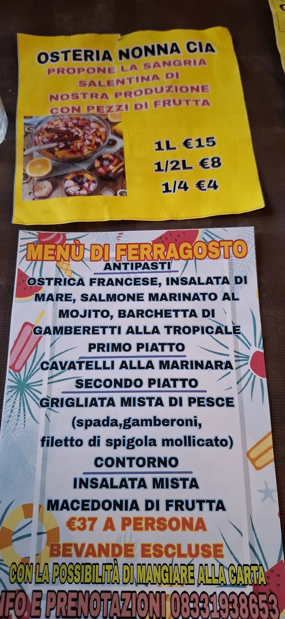 Menu di Osteria Nonna Cia 