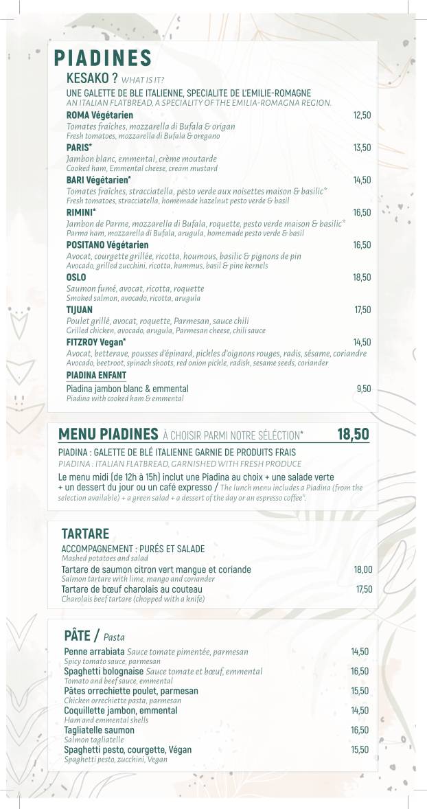 Menu de Café PIADiNE
