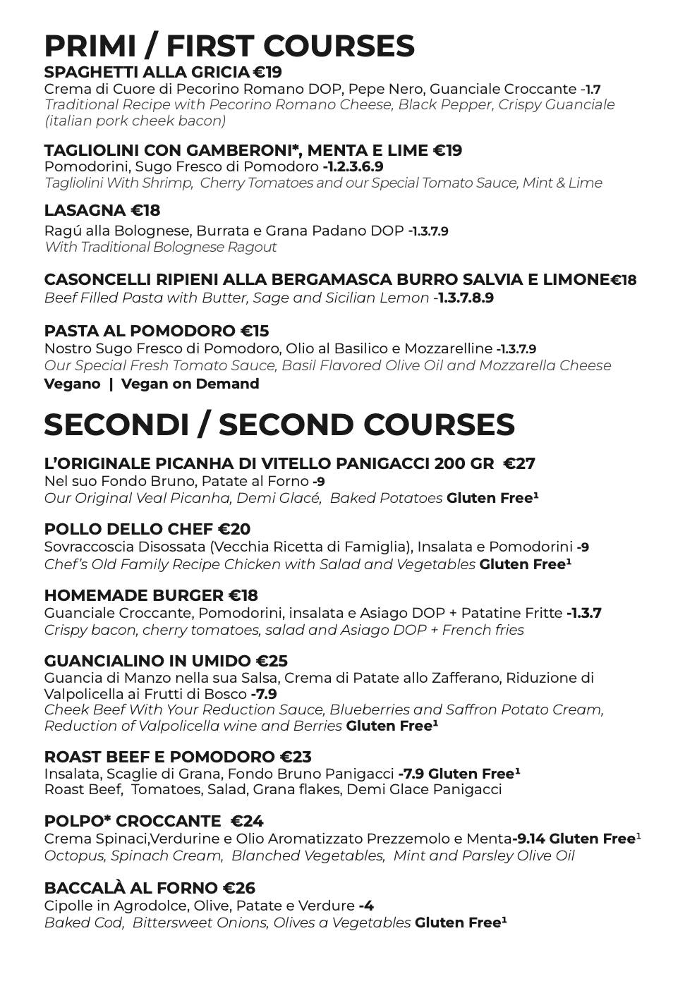 Menu di Panigacci Milano Bistrot 